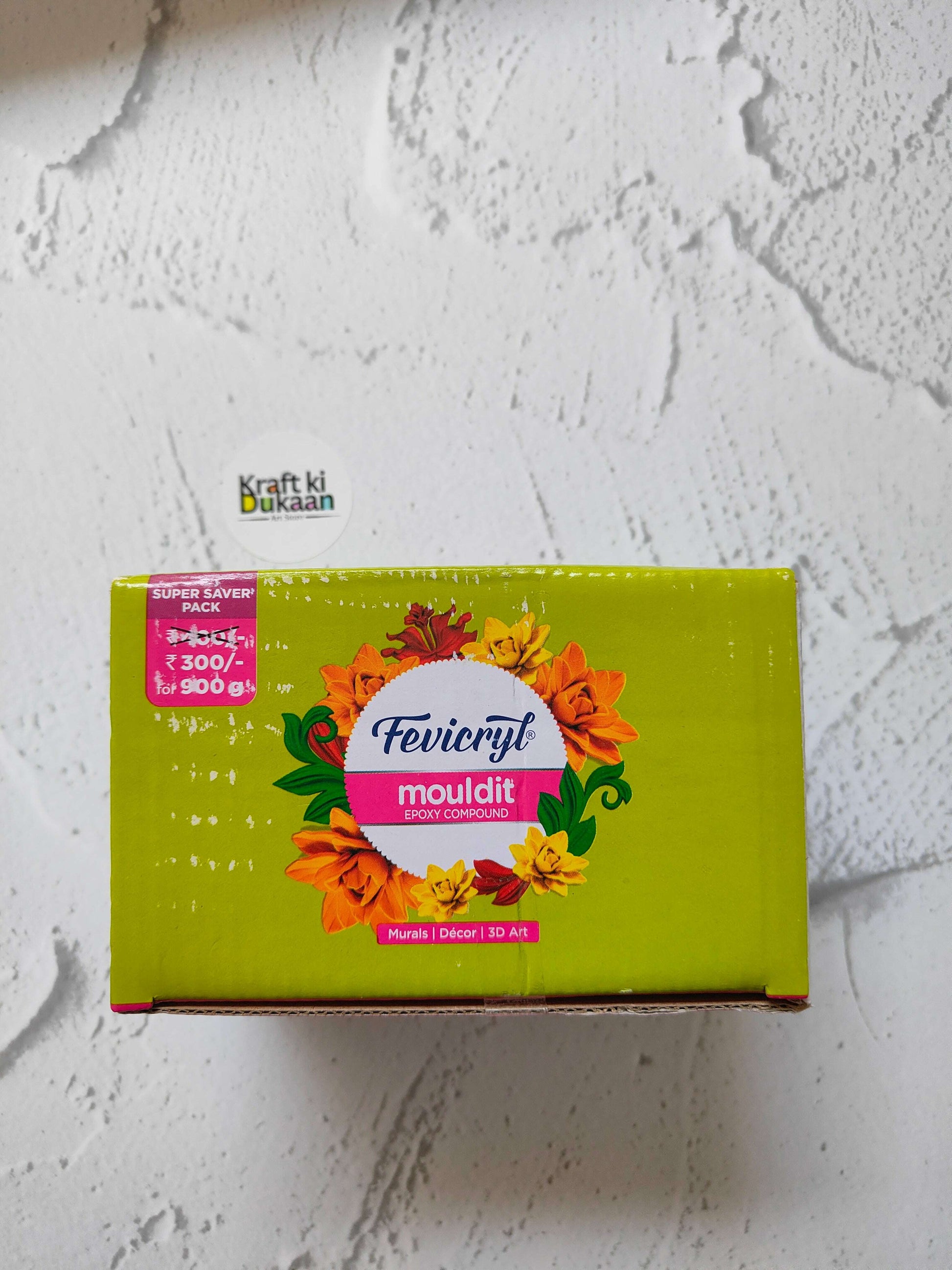 Fevicryl Mouldit epoxy compound set, 900 g; floral logo on green box.