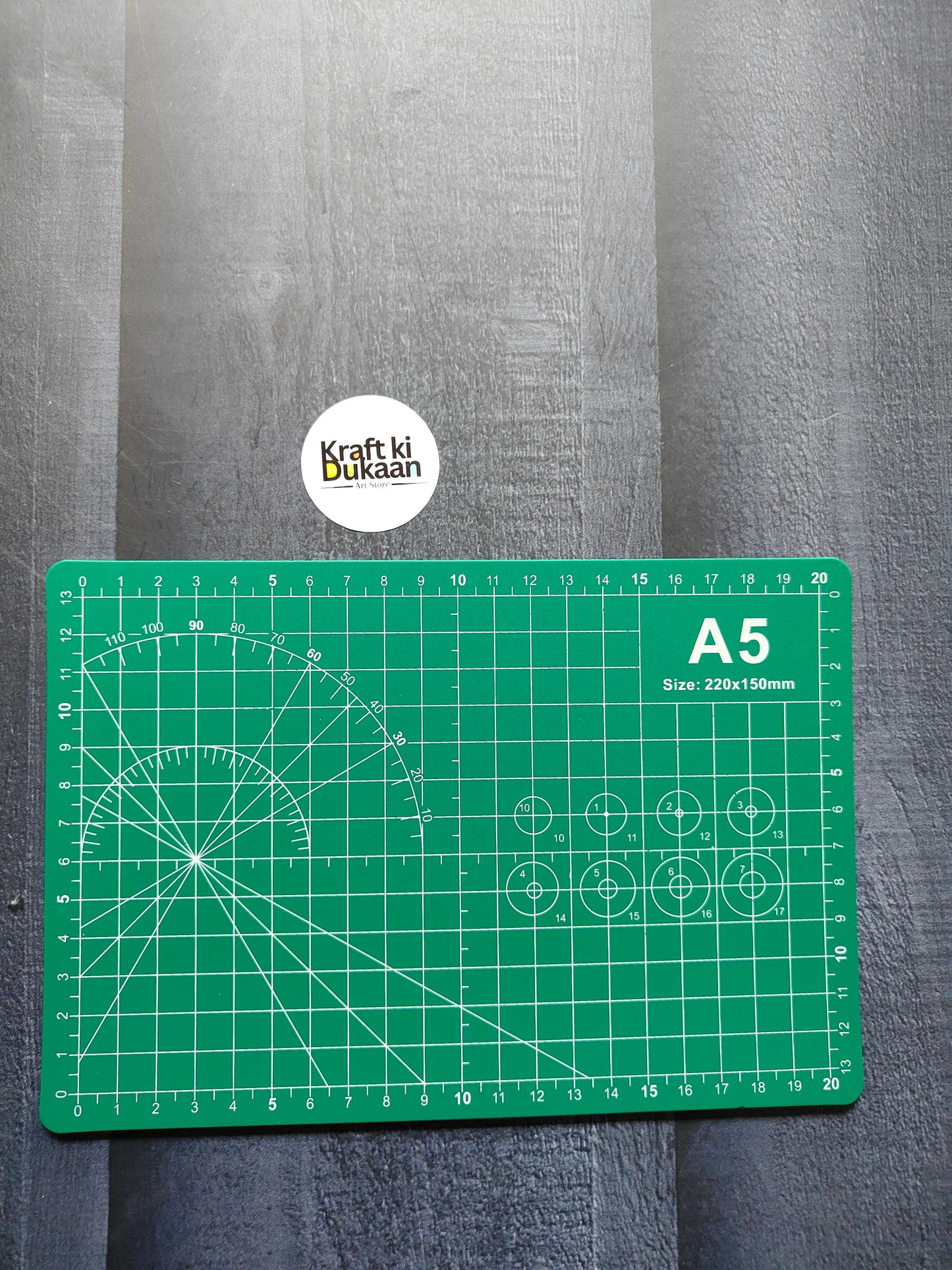 Cutting Mat A5 with protractor circle guides and measurement grid, 220×150mm
