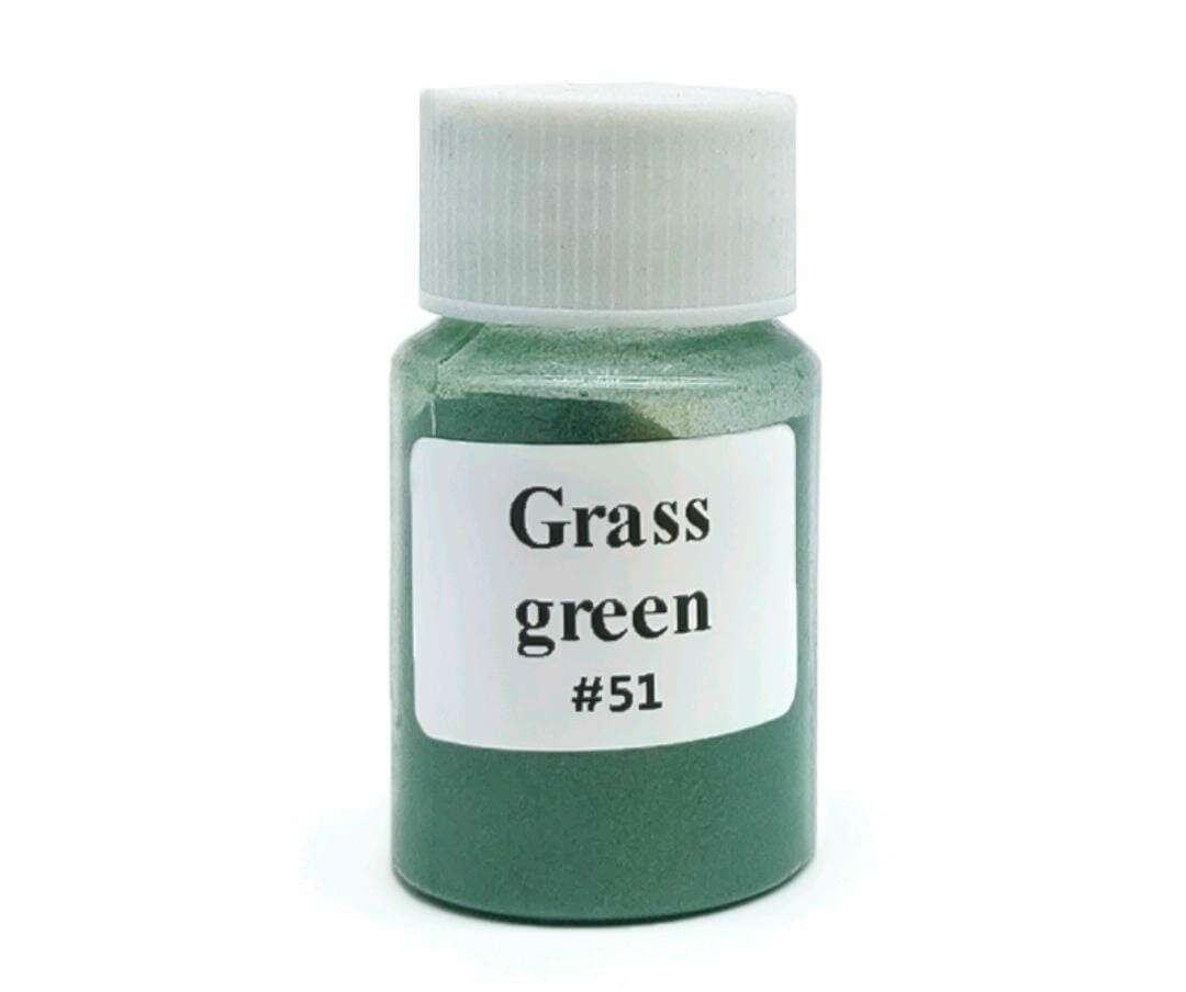 Grass green mica powder bottle, #51, dark green liquid in small jar.