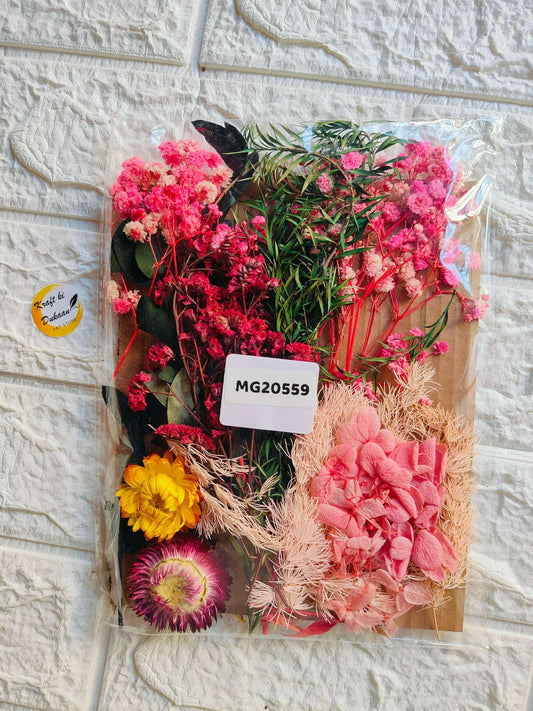 Dry flower sheet A1 with assorted pink red and beige blooms on kraft paper