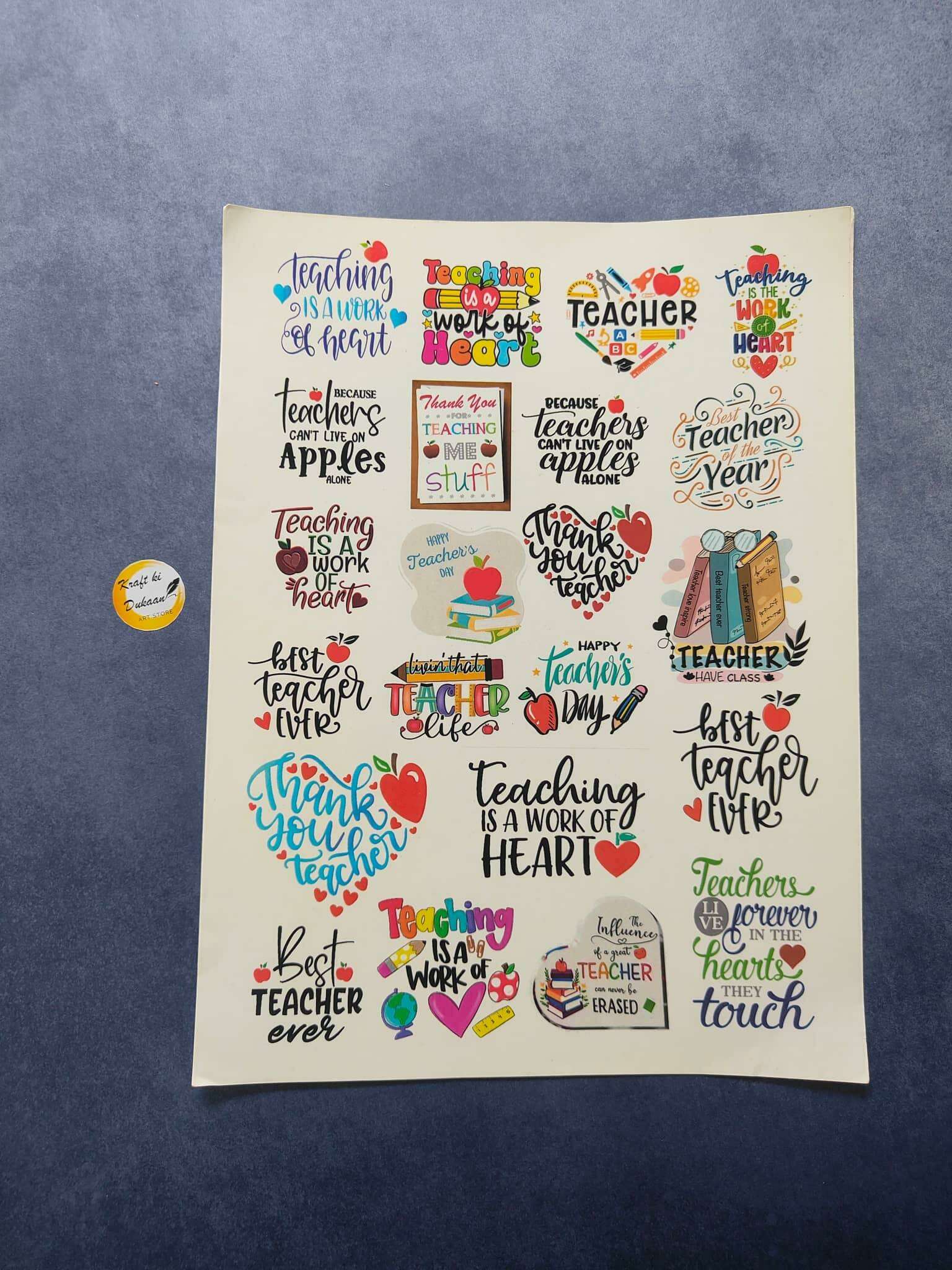A4 colored sticker sheet with teacher quotes, hearts, apples, crayons and icons