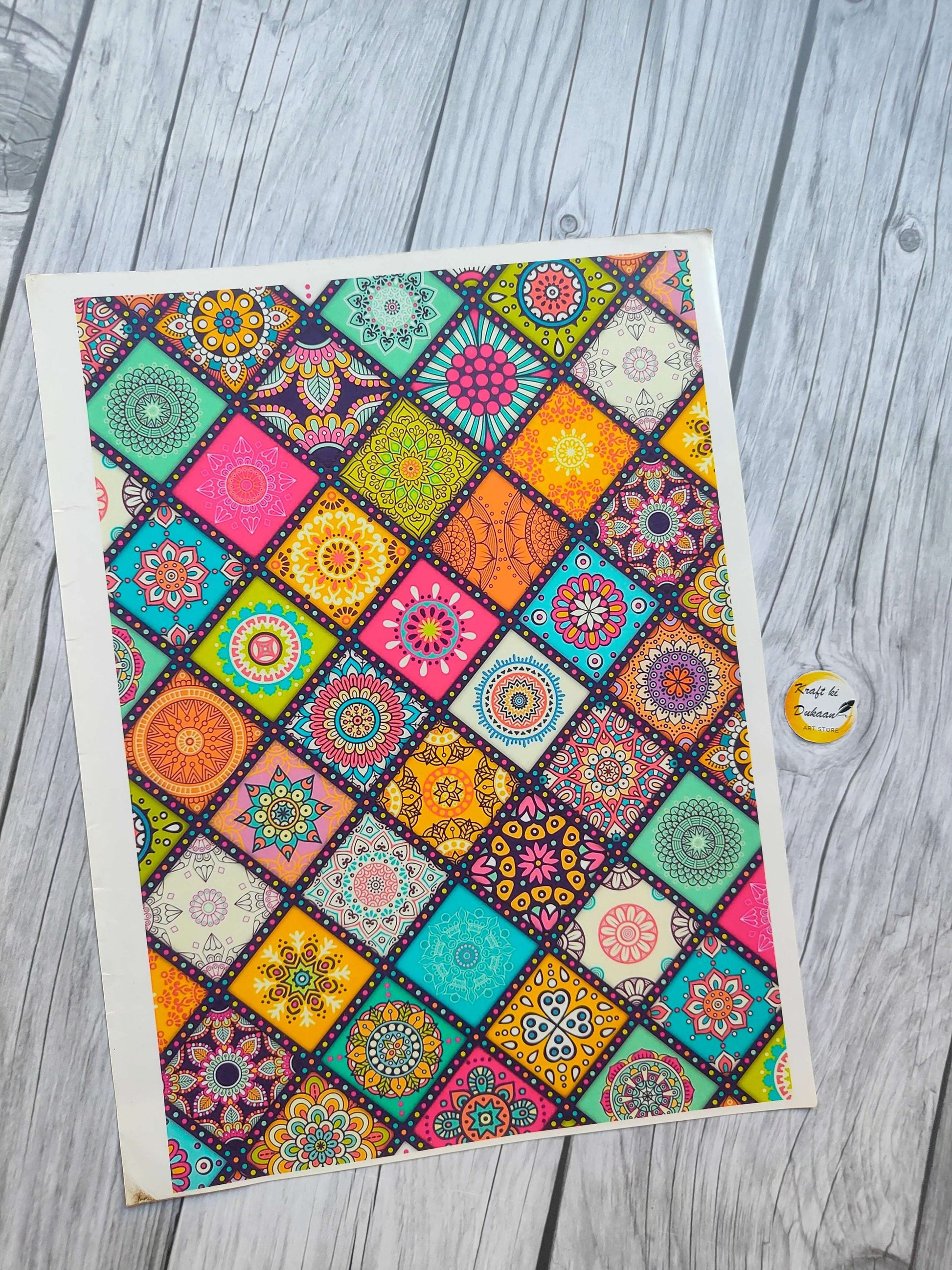 Vibrant A4 color sticker sheet featuring intricate geometric patterns in various colors