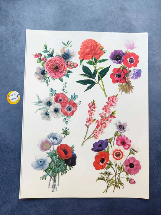 A4 floral sticker sheet, colorful bouquet designs
