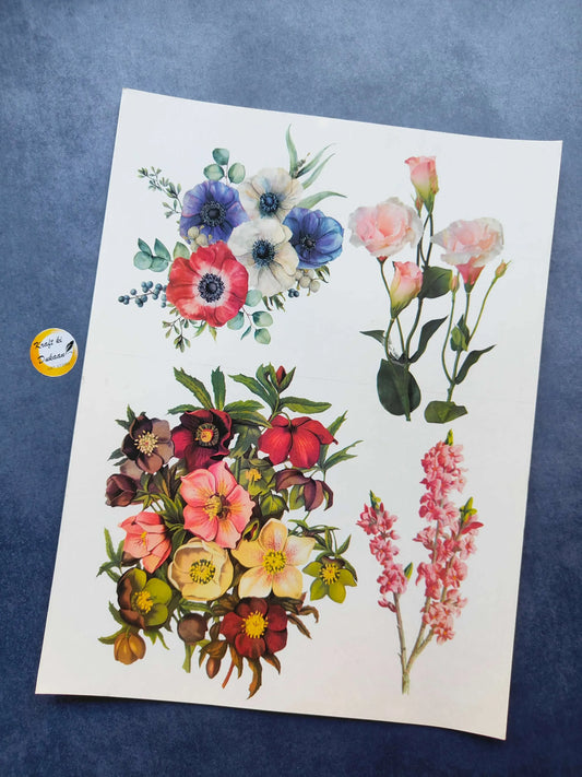 A4 color sticker sheet with multi-flower floral designs and bouquets