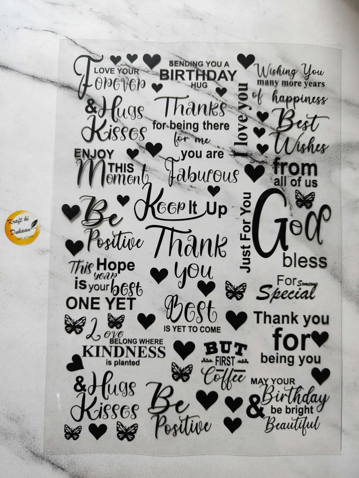 A4 Insert Sheet B14 with black love/thank-you text, hearts, butterflies and cursive designs