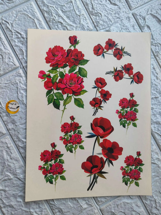 A4 Colour Sticker Sheet A17 with red flower and rose stickers on cream sheet