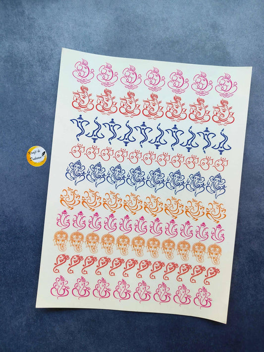 A4 colour sticker sheet with ornate pink, blue, and orange designs on white