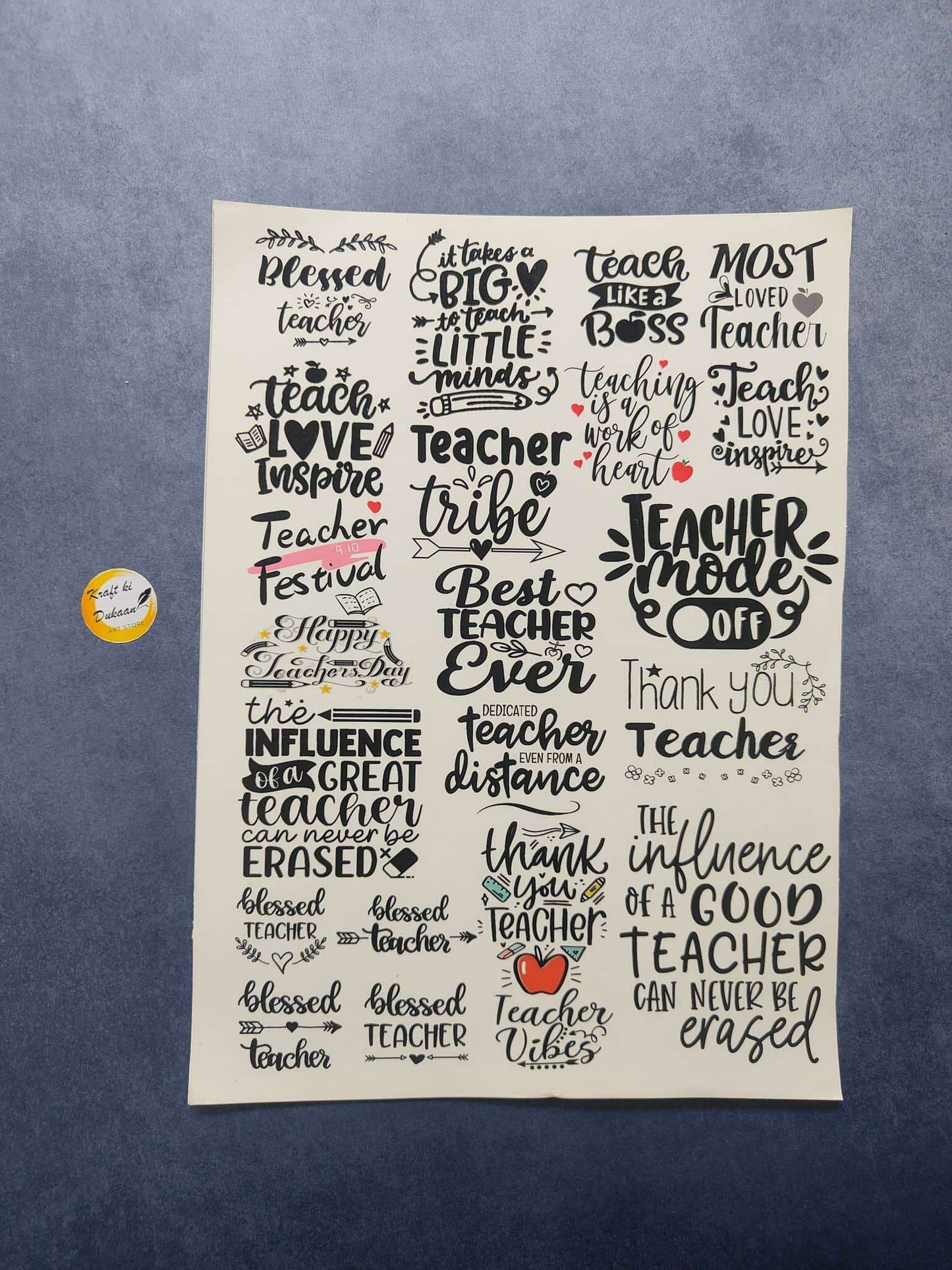A3 teacher quote colour sticker sheet with hearts and handwritten text designs