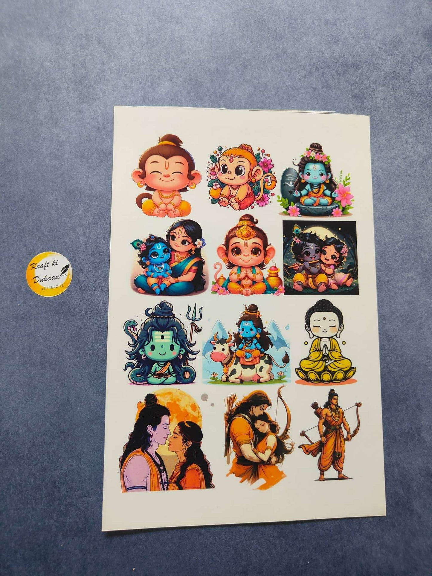 A5 colour embossed sticker sheet with colorful cartoon deities
