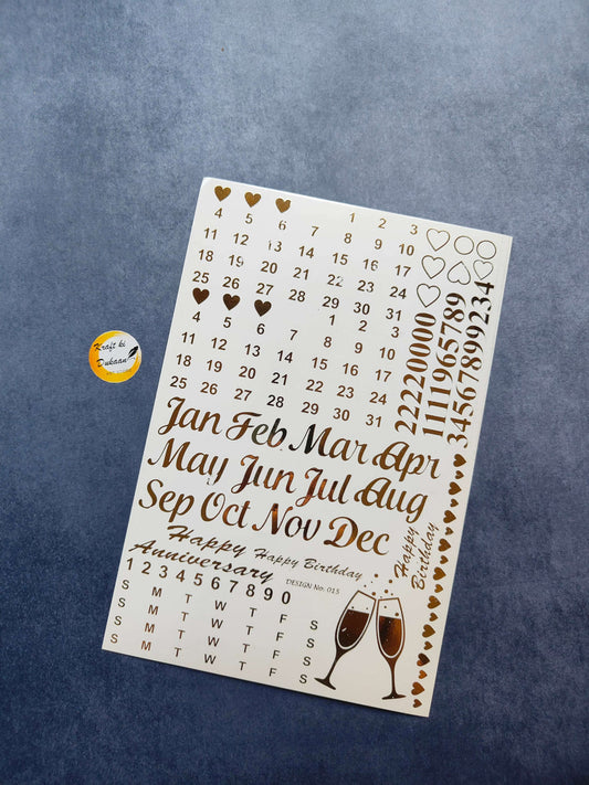 A5 gold metal sticker sheet featuring month names, numbers, and decorative elements
