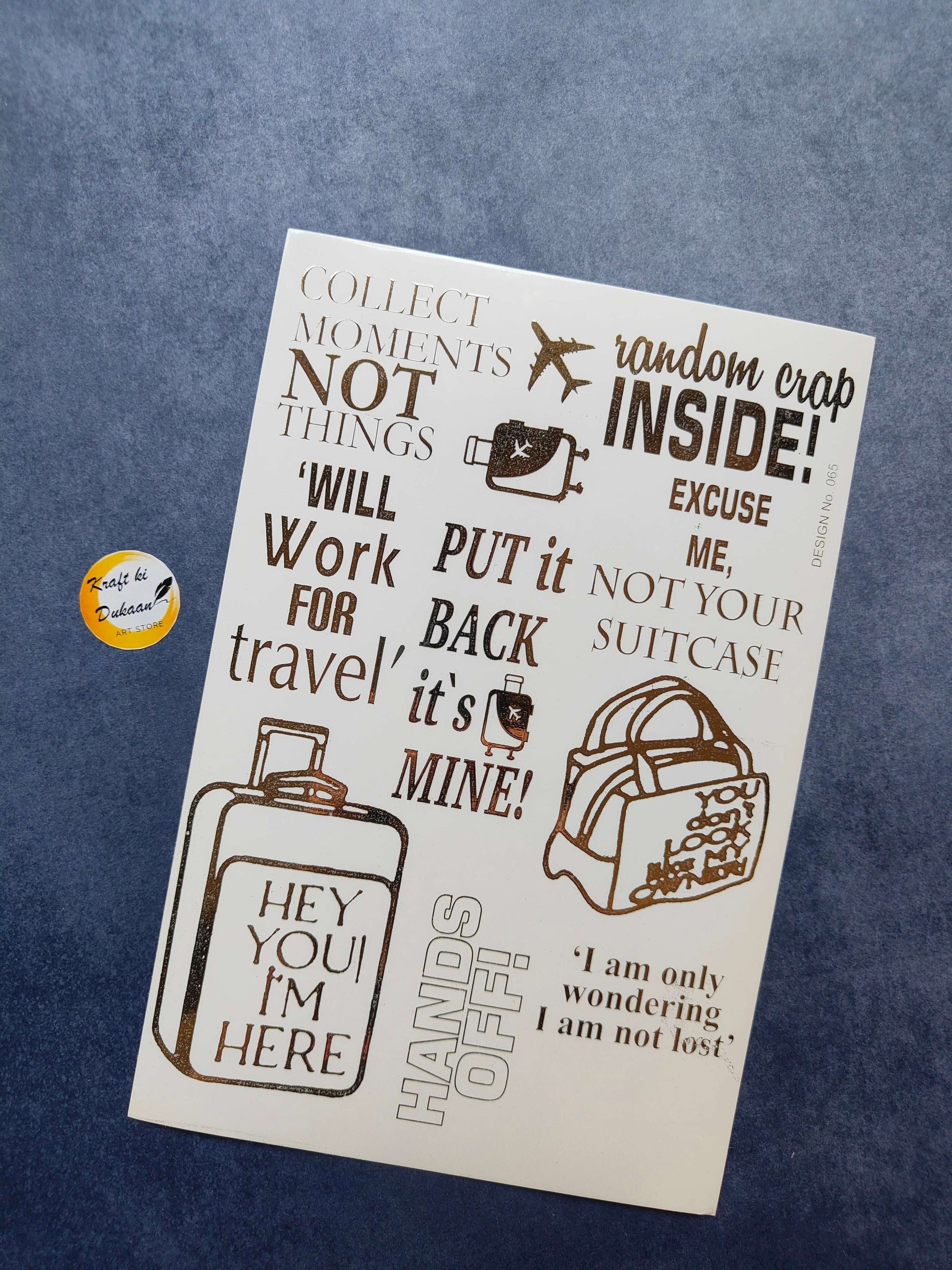 A5 gold metal sticker sheet featuring travel-themed quotes and designs for creative projects