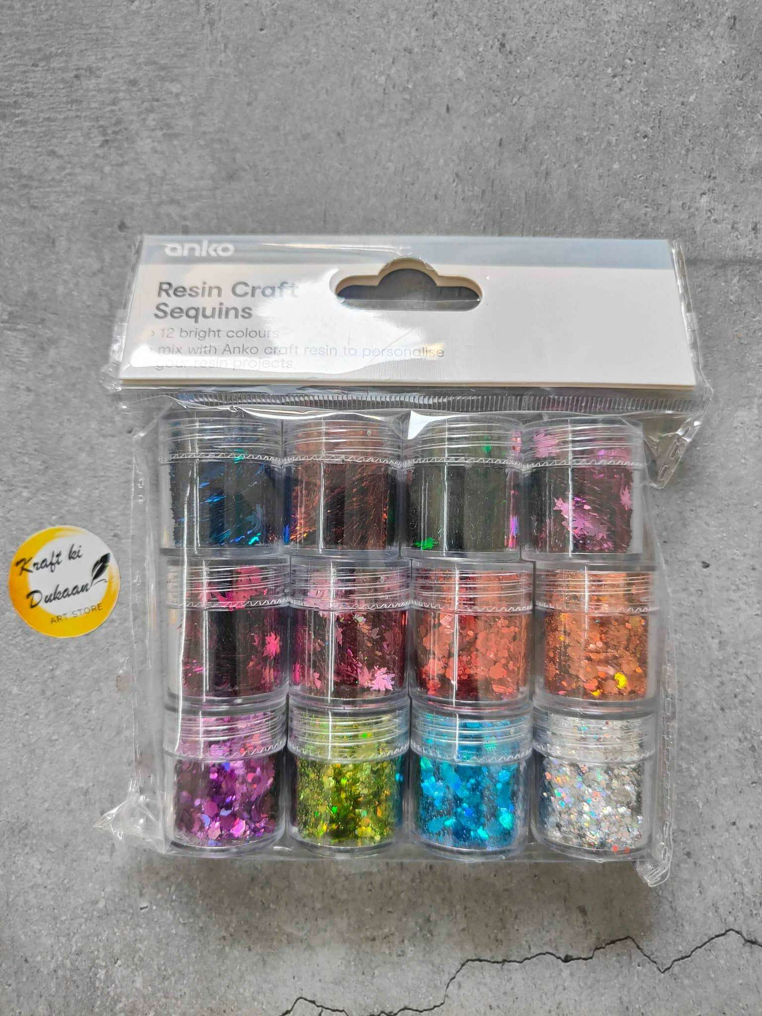 Resin craft sequin set, 12 jars with multi-color bright glitter in clear packaging