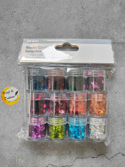 Resin craft sequin set, 12 jars with multi-color bright glitter in clear packaging
