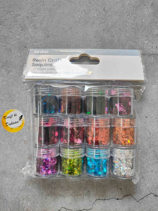 Resin craft sequin set, 12 jars with multi-color bright glitter in clear packaging