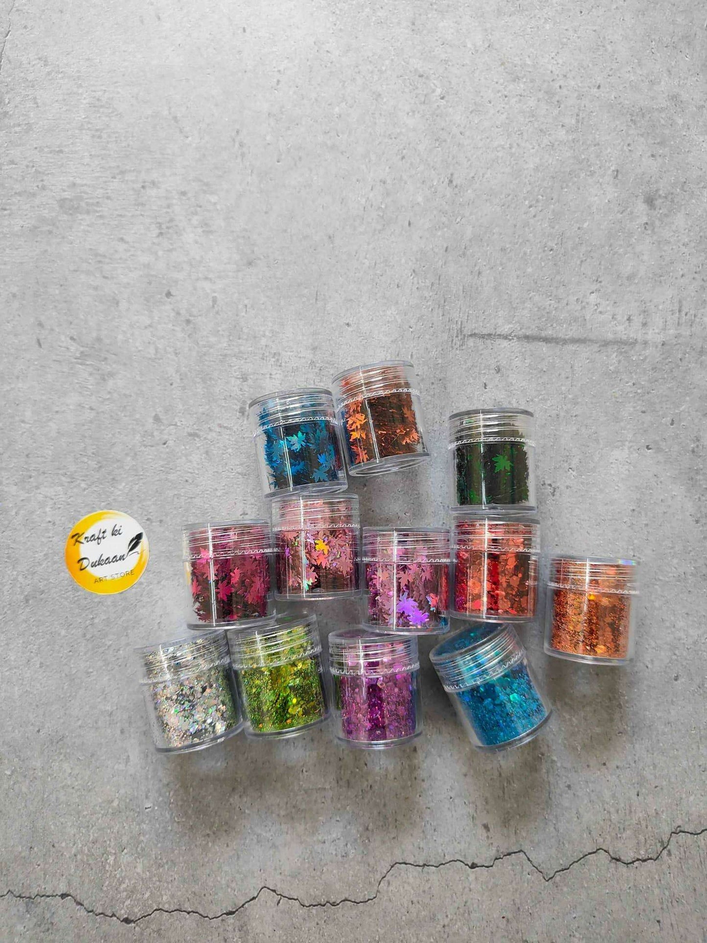 12PC multi-color resin craft sequins in small clear jars, assorted glitter shades