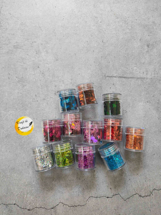 12PC multi-color resin craft sequins in small clear jars, assorted glitter shades