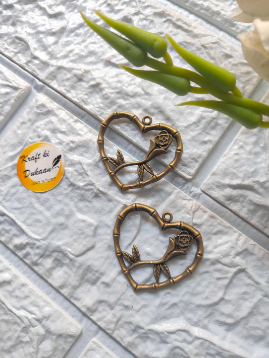 Antique bezel heart rose pendants—bronze heart with rose detail (2 pcs)