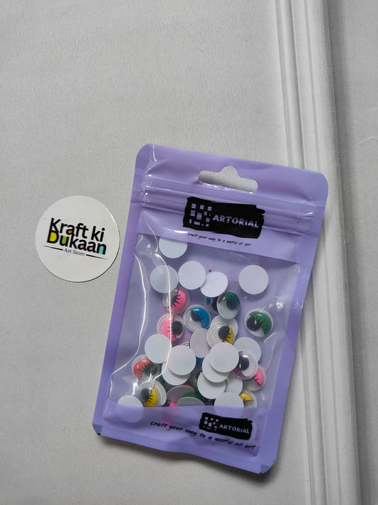 Pack of colored googly eyes with eyelashes in purple pouch