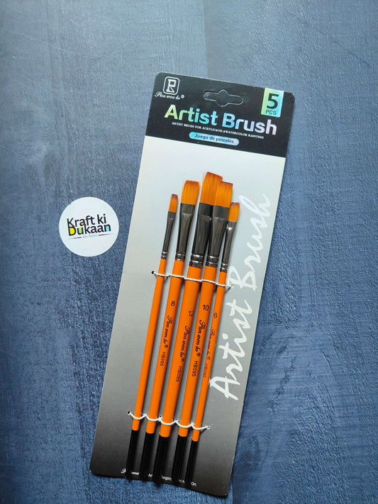 5 flat paintbrush set with orange handles and orange bristles, assorted sizes