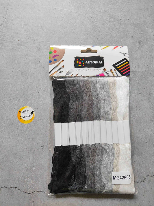 12-piece craft thread set, assorted black, gray and white skeins on card