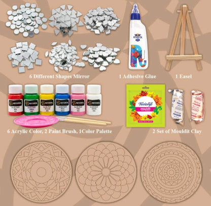 Kit contents: mirror shapes, acrylic paints, glue, brushes, moulding clay and MDF discs