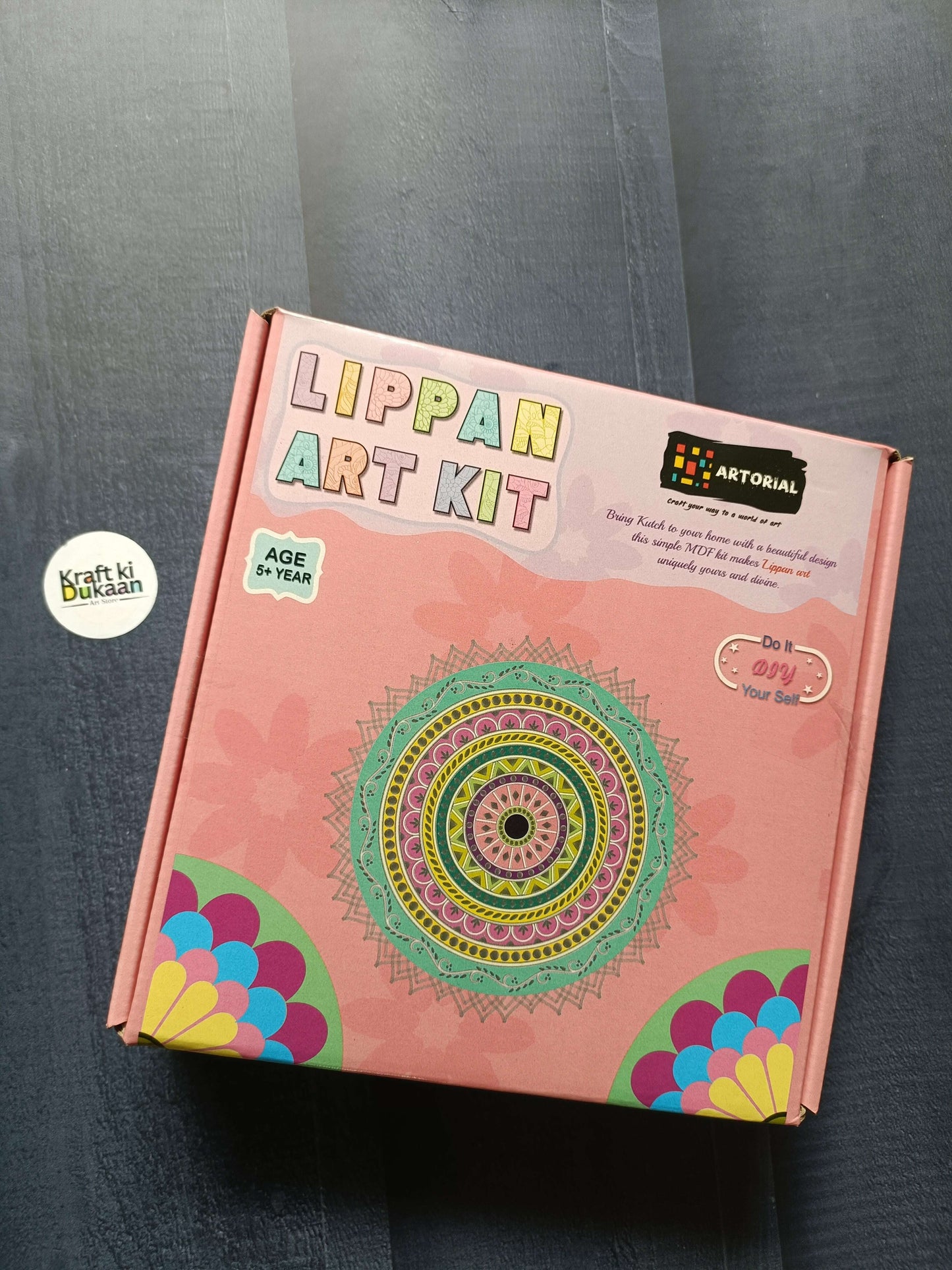 Lippan Art Kit A3 pink box with circular mandala design and age info