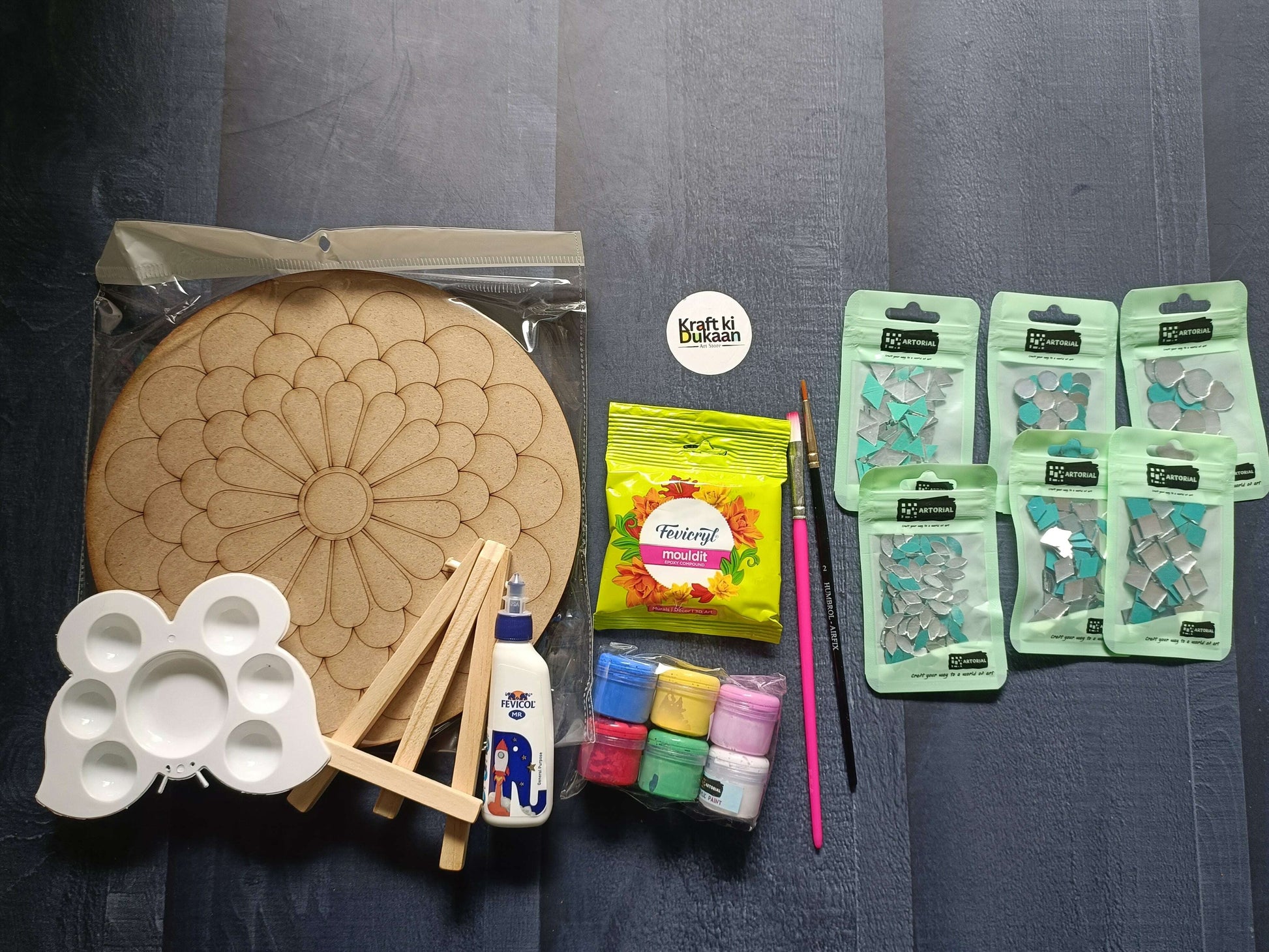 Pre-cut MDF flower board, paint palette, brushes and glue in A3 lippan art kit
