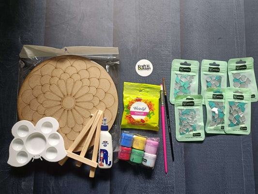 Pre-cut MDF flower board, paint palette, brushes and glue in A3 lippan art kit