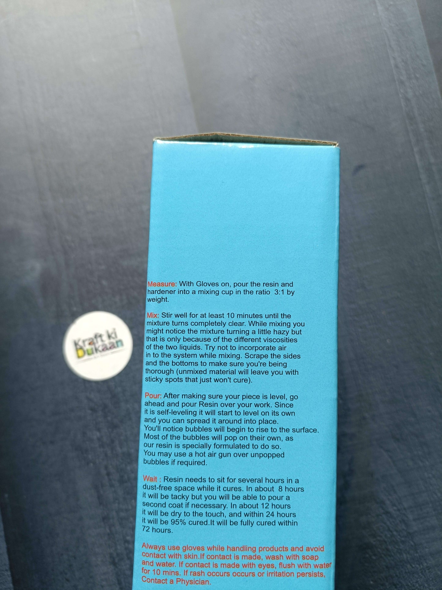 Epoxy resin crystal clear box back with mixing and curing instructions