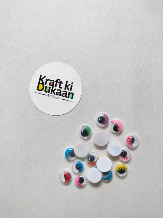 Googly eye stickers with colored lashes, 10mm, assorted round eyes on sheet