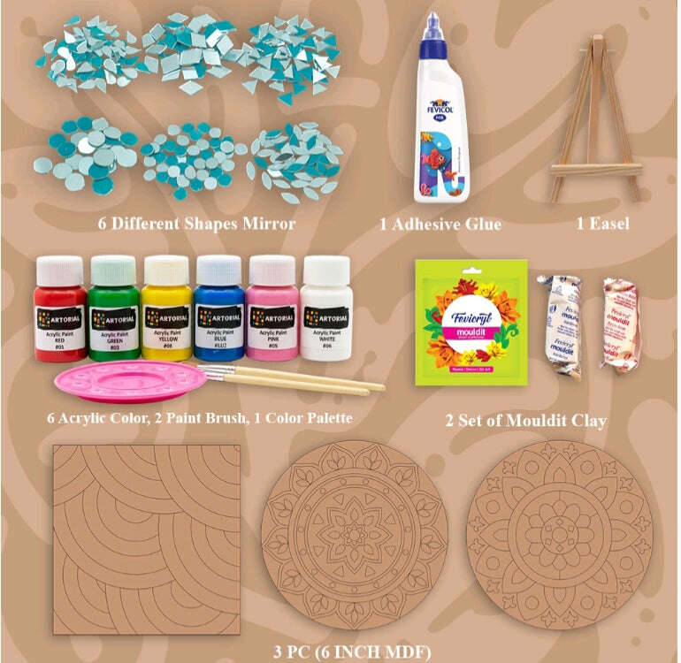 Lippan Art Kit A2 supplies: acrylic paints, glue, easel, mouldit clay, mirror shapes, palette