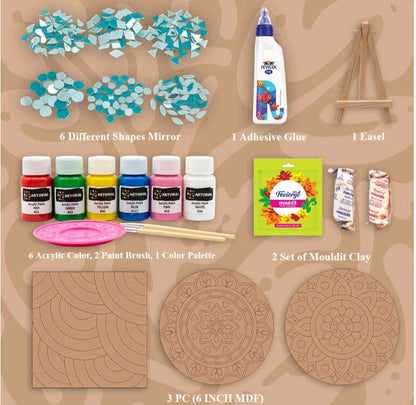 Lippan Art Kit A2 supplies: acrylic paints, glue, easel, mouldit clay, mirror shapes, palette