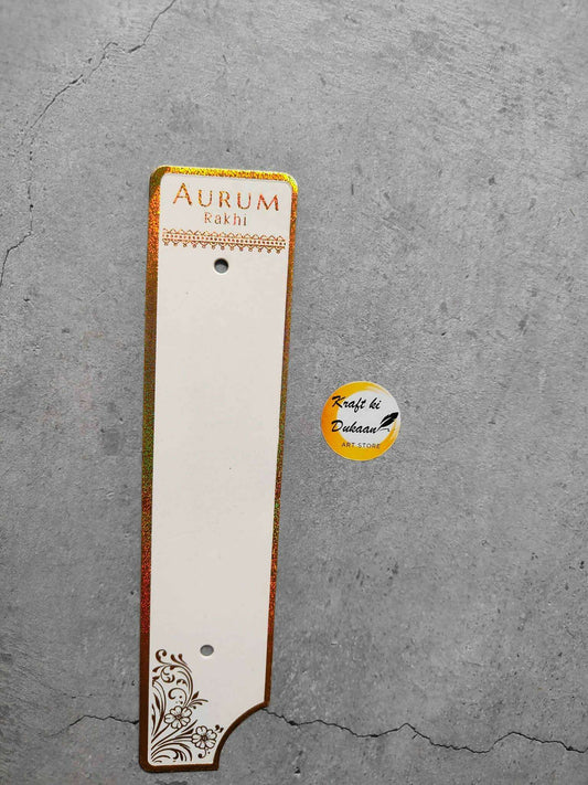 Jewellery Card A17 with gold patterned border, AURUM Rakhi top text, hanging hole