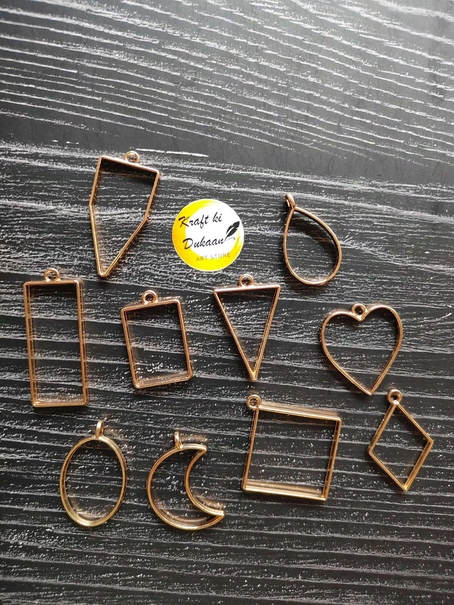 Plain bezel pendant mix set of 10, teardrop, square, heart, moon shapes in rose gold tone