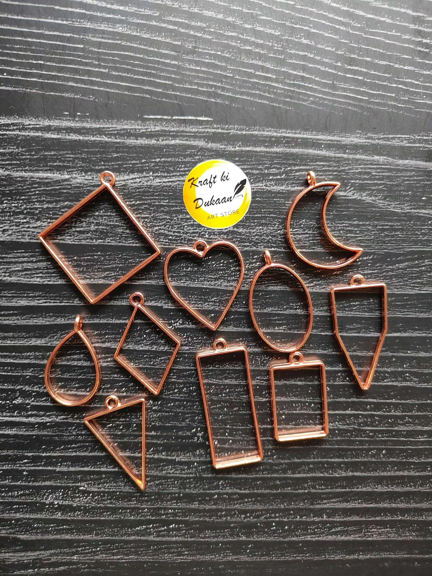 Plain bezel pendant mix set of 10, rose-gold bezel charms: diamond, heart, oval, square, moon