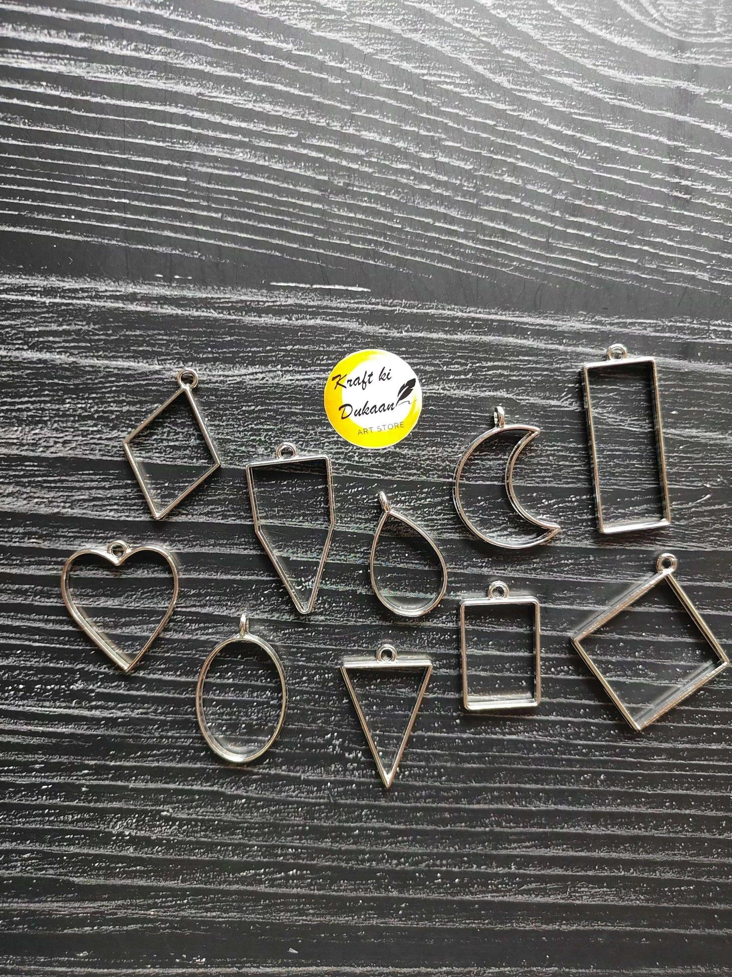 Plain bezel pendant mix set of 10, teardrop, square, heart, crescent shapes in steel silver