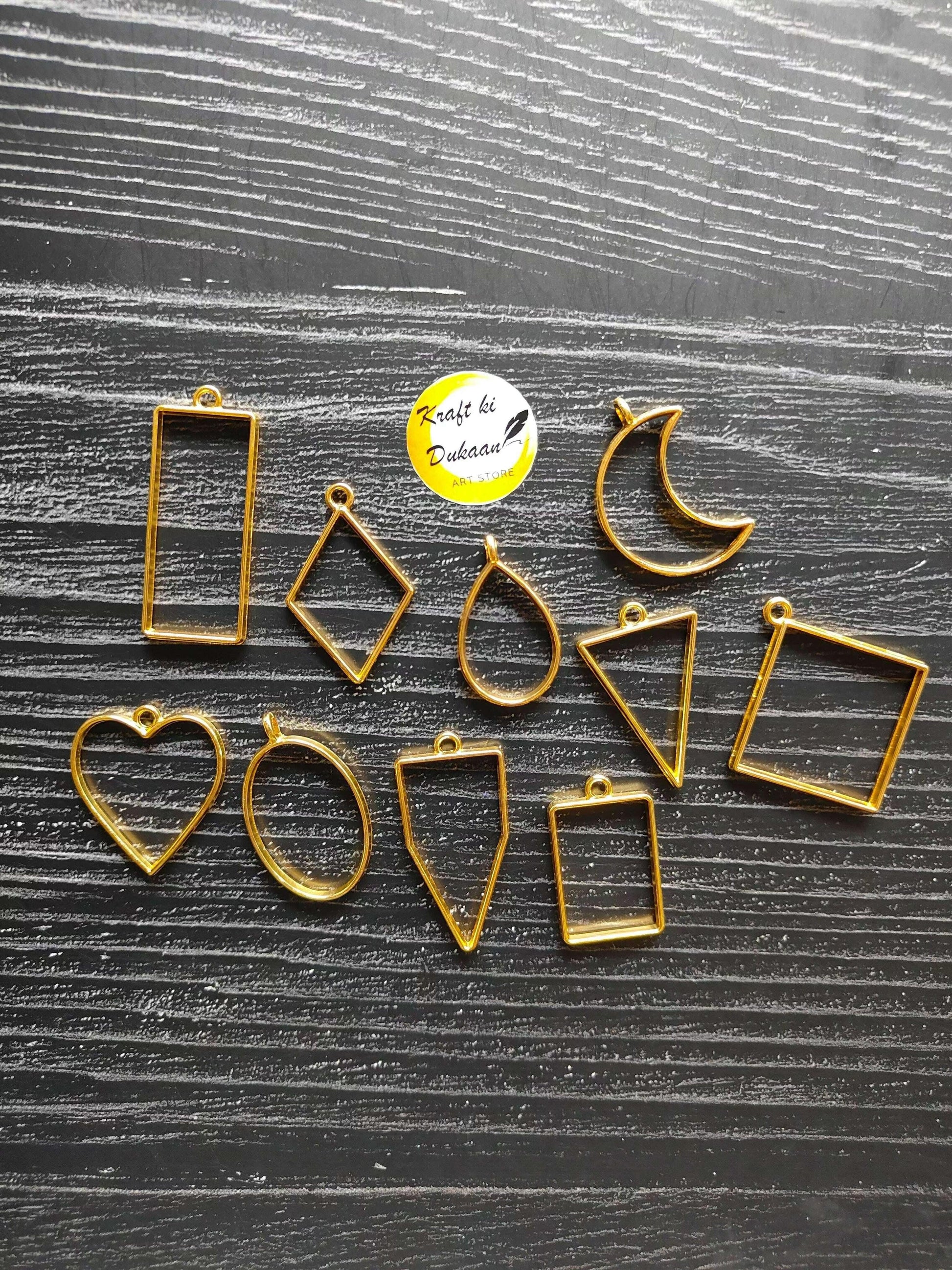 Plain bezel pendant mix set of 10, assorted geometric/heart/moon shapes in gold finish