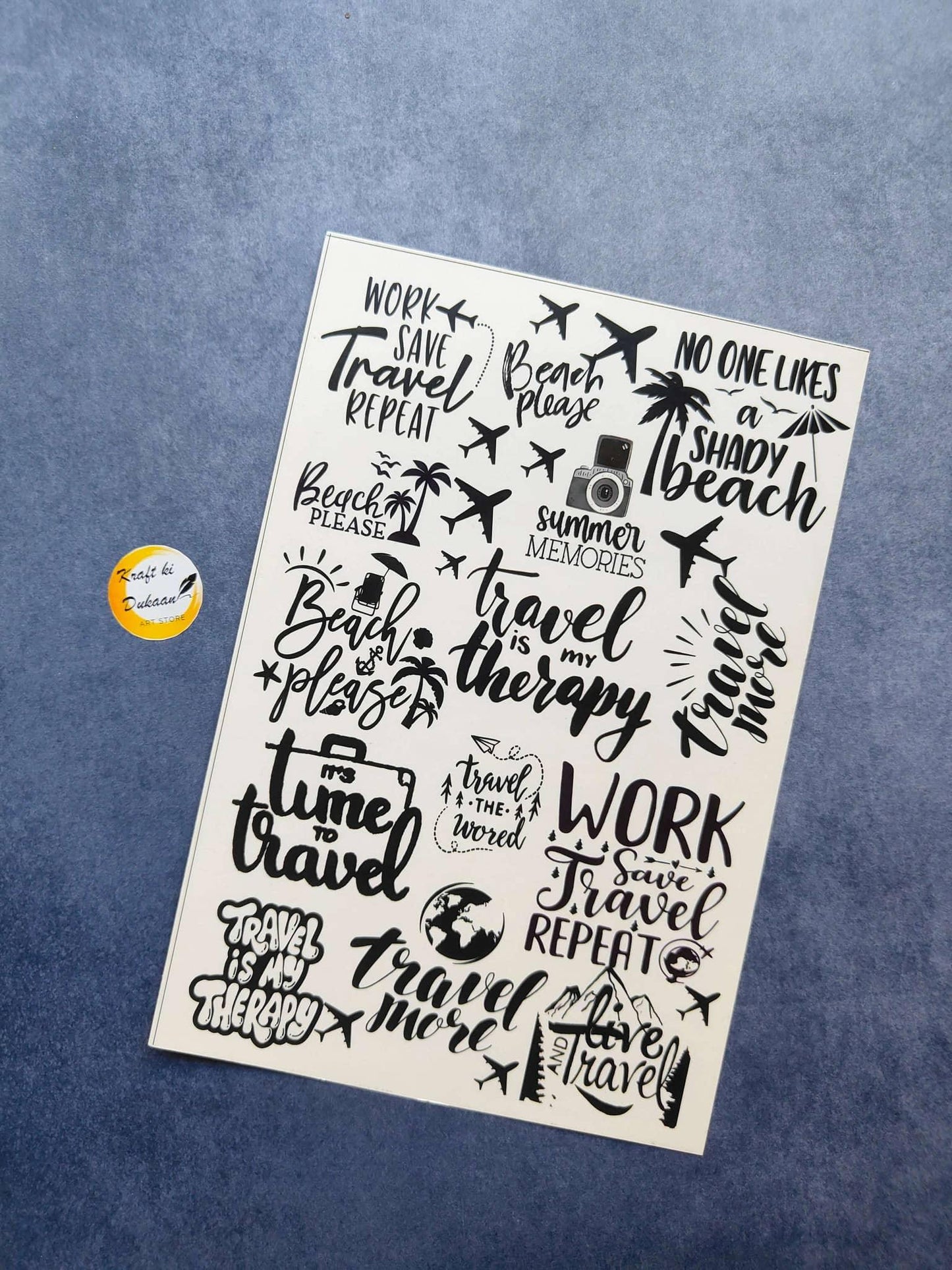 A5 black sticker sheet with travel phrases, planes, and beach icons