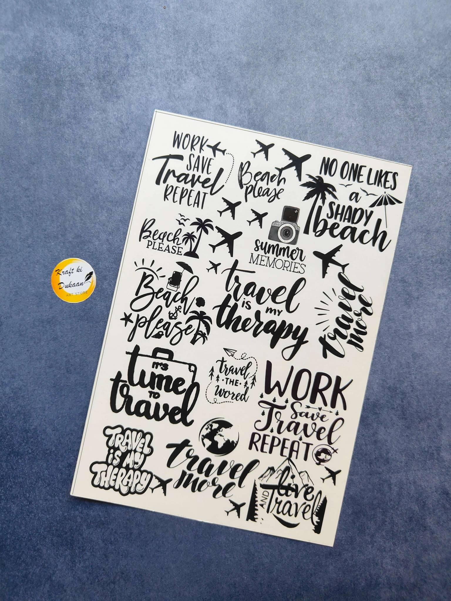 A5 black sticker sheet with travel phrases, planes, and beach icons