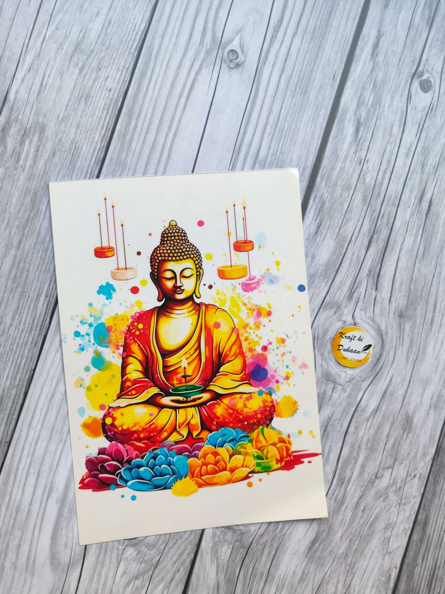 Buddha color sticker sheet featuring a colorful illustration of Buddha surrounded by lotus flowers
