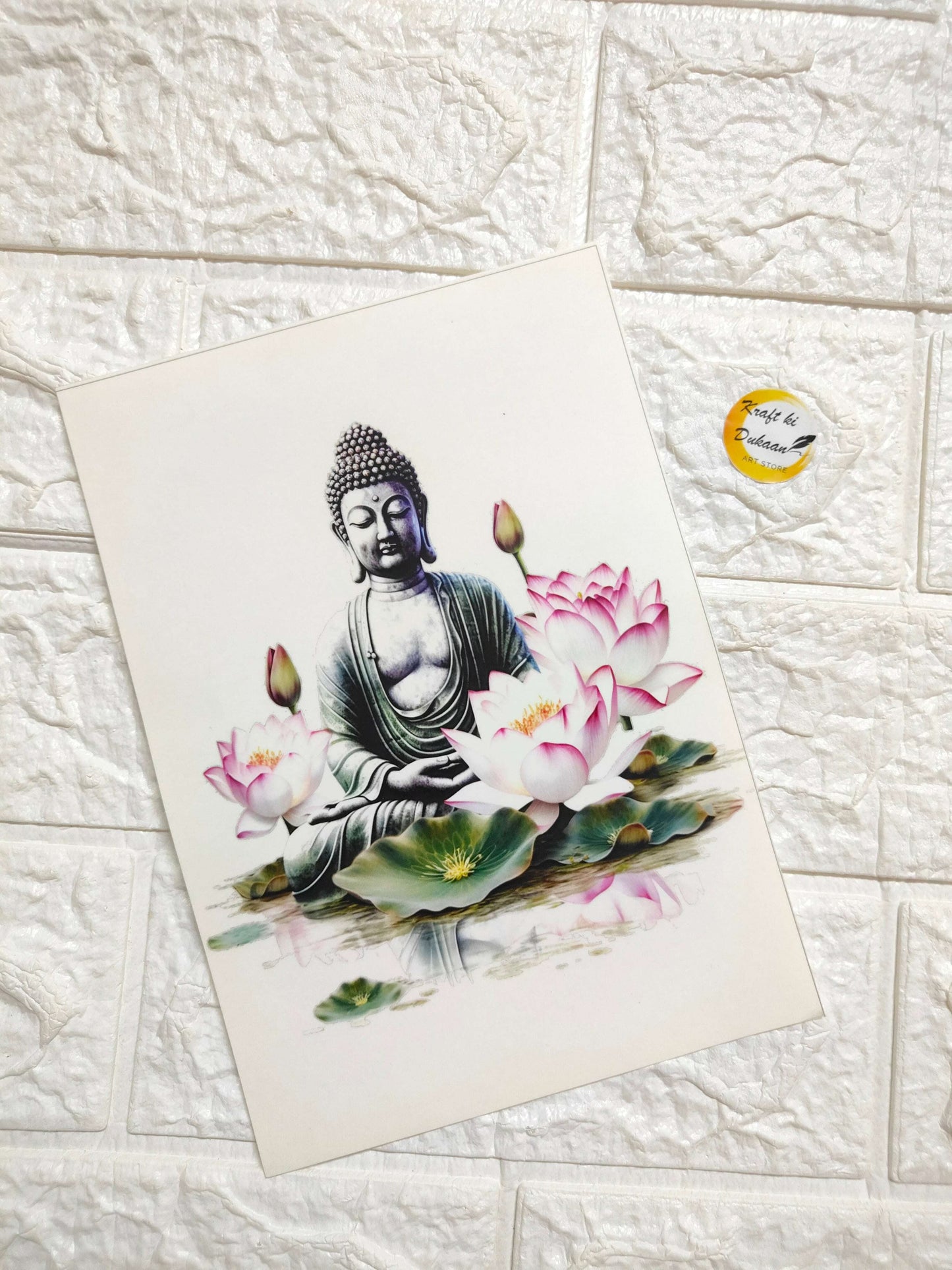 A5 embossed sticker sheet with Buddha illustration and pink lotus flowers
