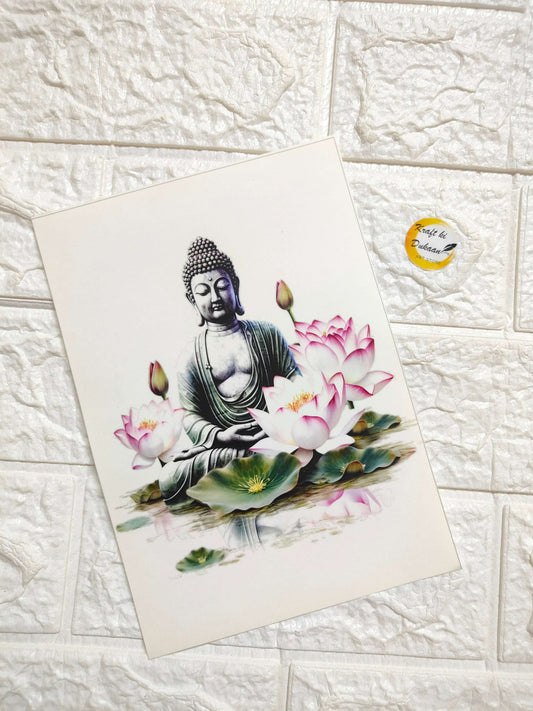 A5 embossed sticker sheet with Buddha illustration and pink lotus flowers