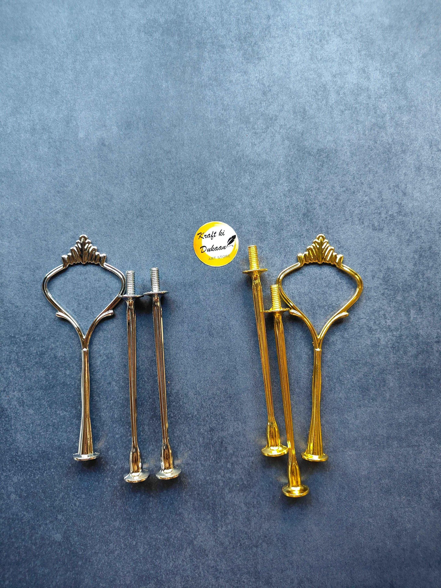 Cake stand handle set: silver and gold metal frames with bases