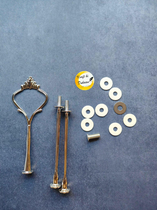 Silver cake stand handle with mounting rods, screws and white washers