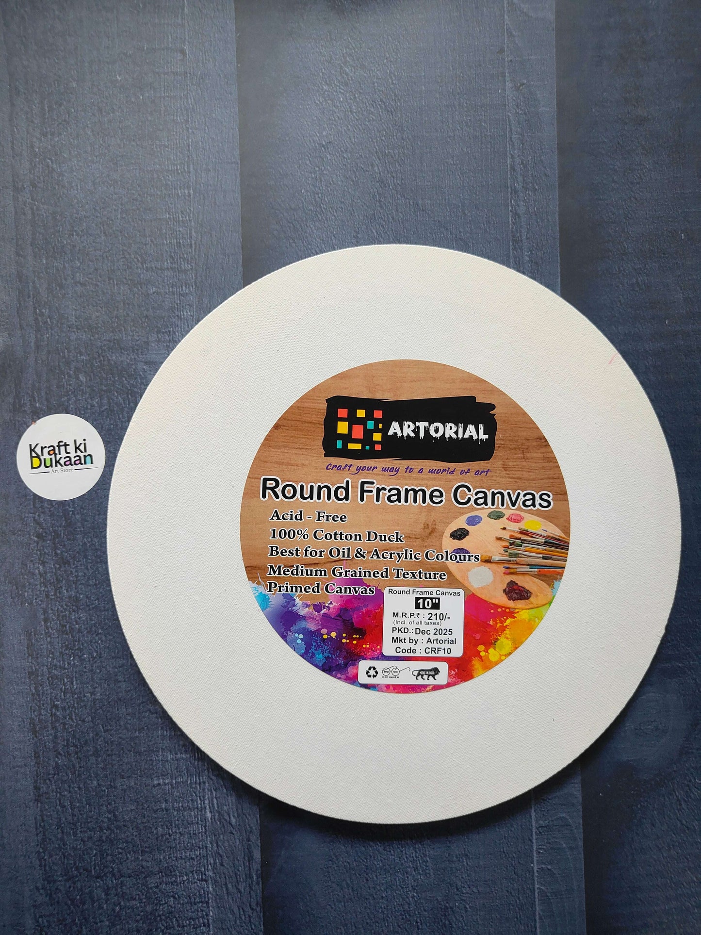 Round stretched canvas board with frame, white canvas with front label