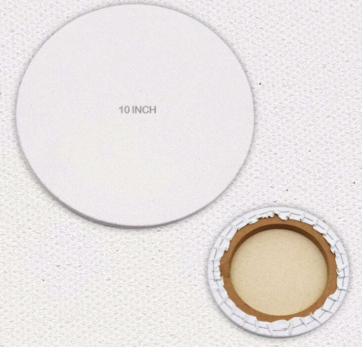 Round stretched canvas board, 10 inch; white framed canvas with brown support ring.