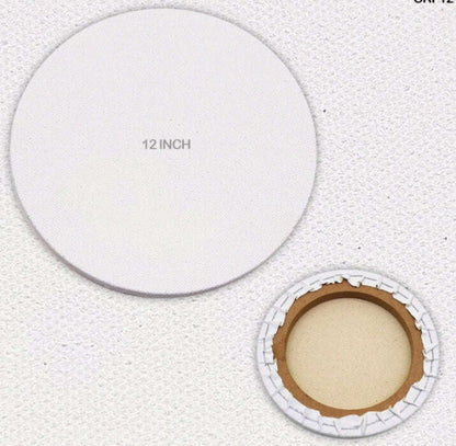 Round stretched canvas board, 12 inch; white frame with brown inner backing ring.