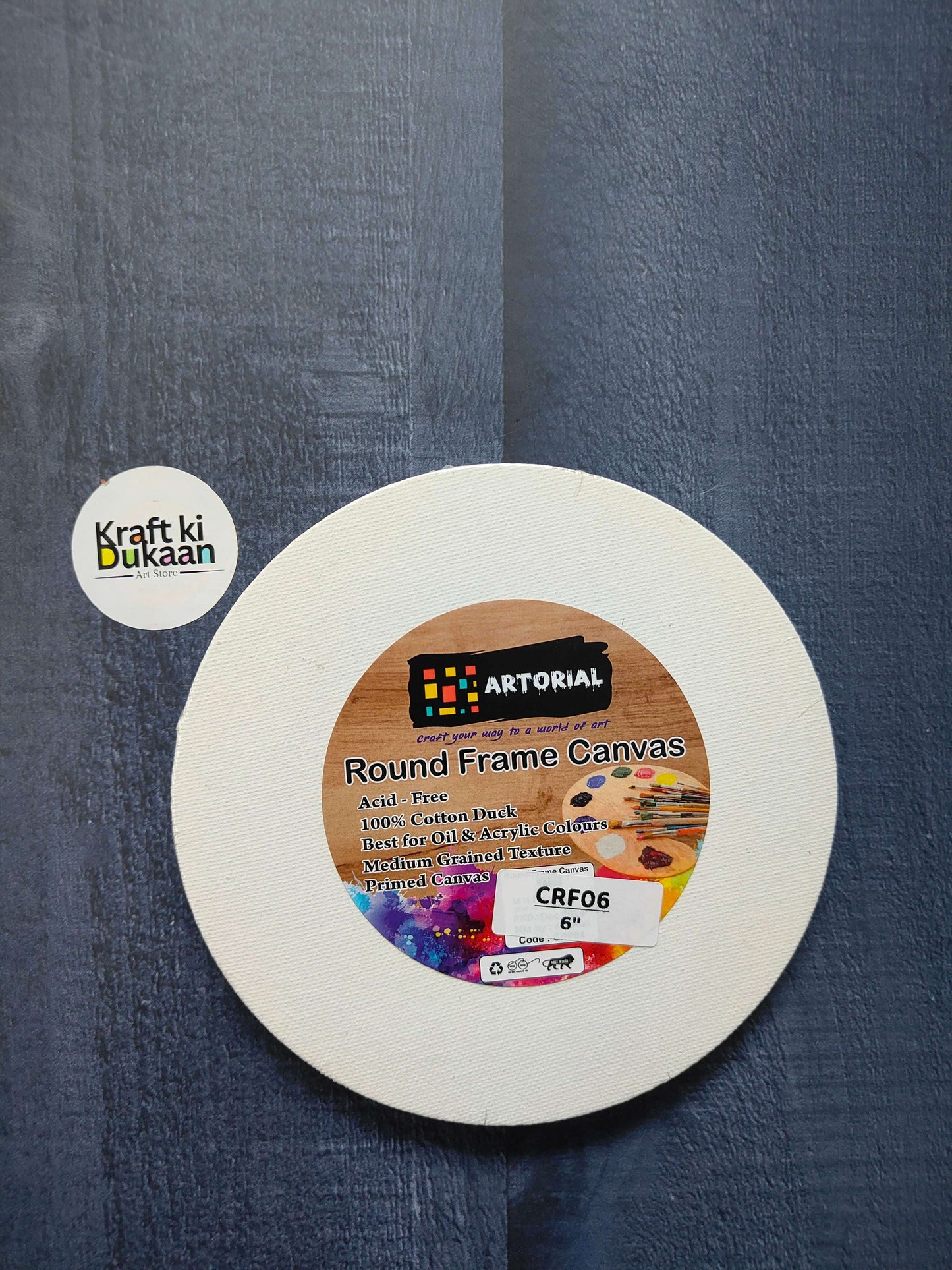 Round stretched canvas board with frame, white canvas disk with label