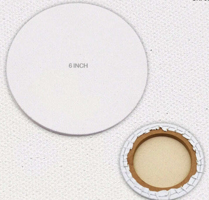 Round stretched canvas board, 6 inch; white frame with brown inner backing ring.