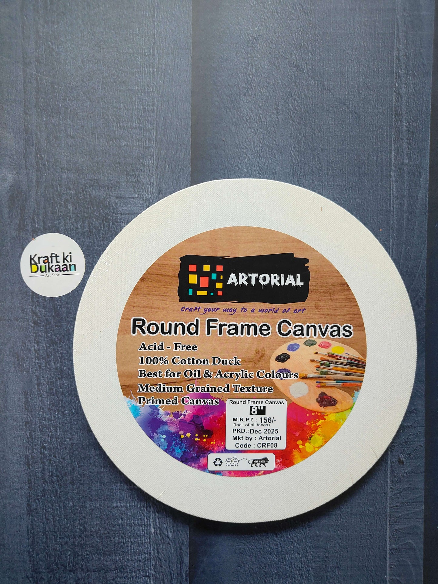 Round stretched canvas board with frame, white round canvas with front label